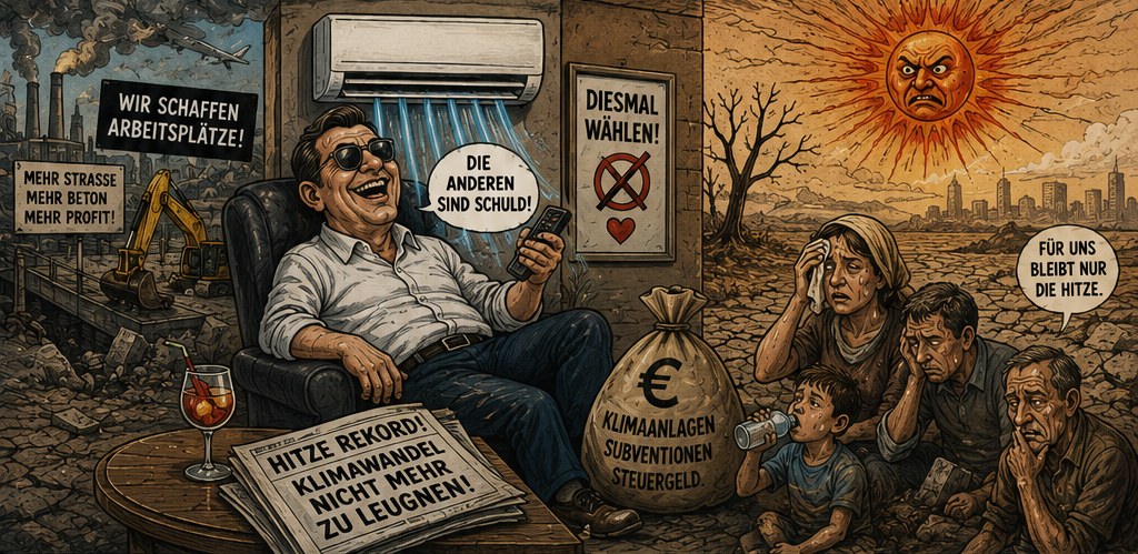 Zweigeteilte Zeichnung. Links sitzt ein lachender Mann mit Sonnenbrille im Sessel unter einer laufenden Klimaanlage, vor ihm ein Cocktail und eine Zeitung mit der Schlagzeile „Hitzerekord! Klimawandel nicht mehr zu leugnen!“, dazu Sprechblasen „Die anderen sind schuld!“ und ein Wahlplakat, im Hintergrund Bagger, Fabrikschlote und Schilder „Wir schaffen Arbeitsplätze“ und „Mehr Straße, mehr Beton, mehr Profit“. Zwischen beiden Hälften ein Sack mit Eurozeichen und der Aufschrift „Klimaanlagen-Subventionen, Steuergeld“. Rechts kauert eine erschöpfte Familie in ausgedörrter Landschaft unter einer zornigen Sonne, mit der Sprechblase „Für uns bleibt nur die Hitze“.