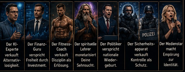 Bildleiste mit acht Porträtfeldern und Bildunterschriften: Der KI-Experte verkauft Alternativlosigkeit. Der Finanz-Guru verspricht Freiheit durch Investment. Der Fitness-Coach verkauft Disziplin als Erlösung. Der spirituelle Lehrer monetarisiert deine Sehnsucht. Der Politiker verspricht nationale Wiedergeburt. Der Sicherheitsapparat verkauft Kontrolle als Schutz. Der Medienstar macht Empörung zur Identität.
