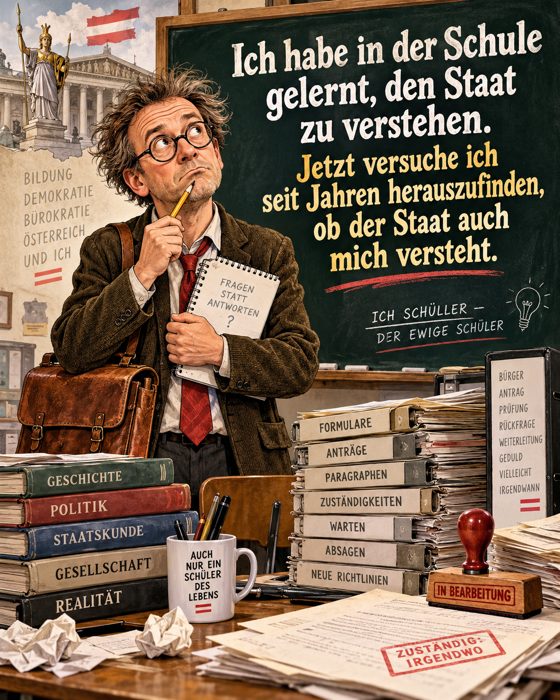 Gezeichnete Kunstfigur mit wirrem Haar, Brille, Notizblock „Fragen statt Antworten“ und Ledertasche vor einer Schultafel; daneben Ordnerstapel „Formulare, Anträge, Paragraphen, Zuständigkeiten, Warten“ und ein Stempel „In Bearbeitung“. Auf der Tafel: „Ich habe in der Schule gelernt, den Staat zu verstehen. Jetzt versuche ich seit Jahren herauszufinden, ob der Staat auch mich versteht.“